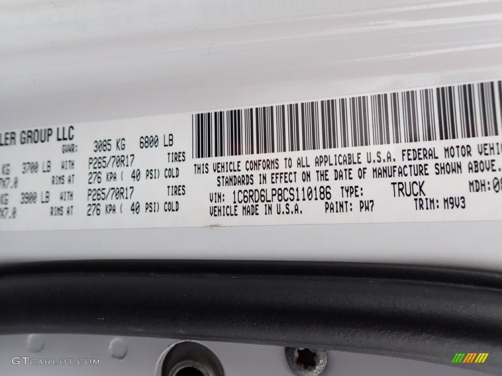2012 Ram 1500 Color Code PW7 for Bright White Photo #139765681