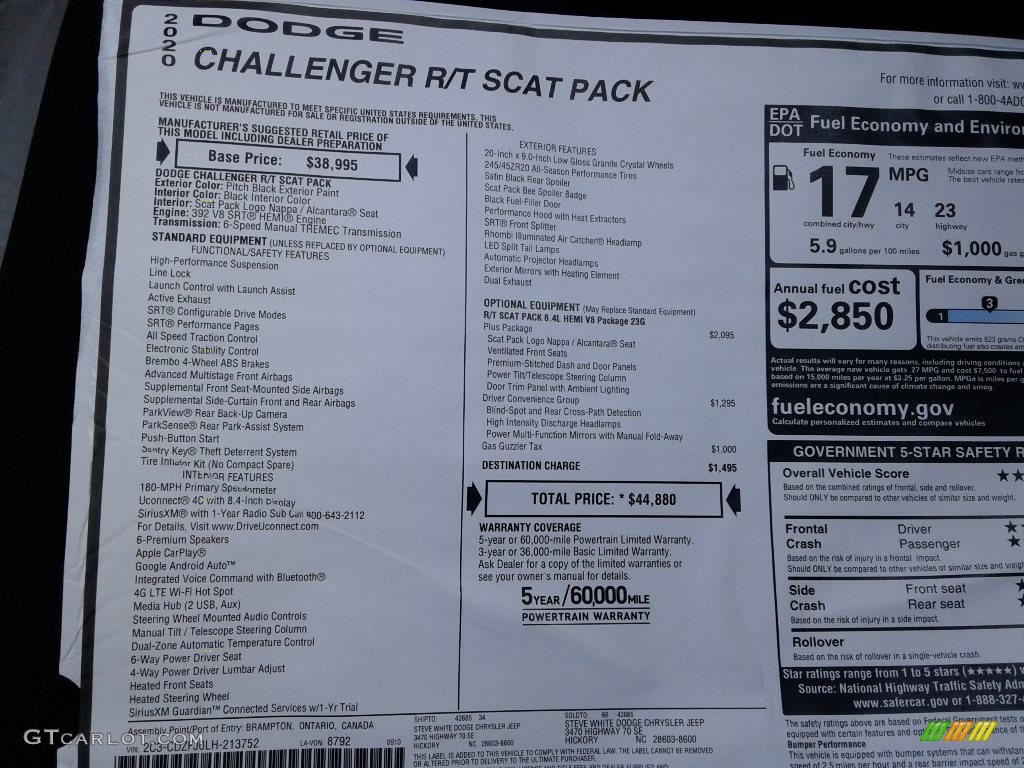 2020 Dodge Challenger R/T Scat Pack Window Sticker Photo #139791820