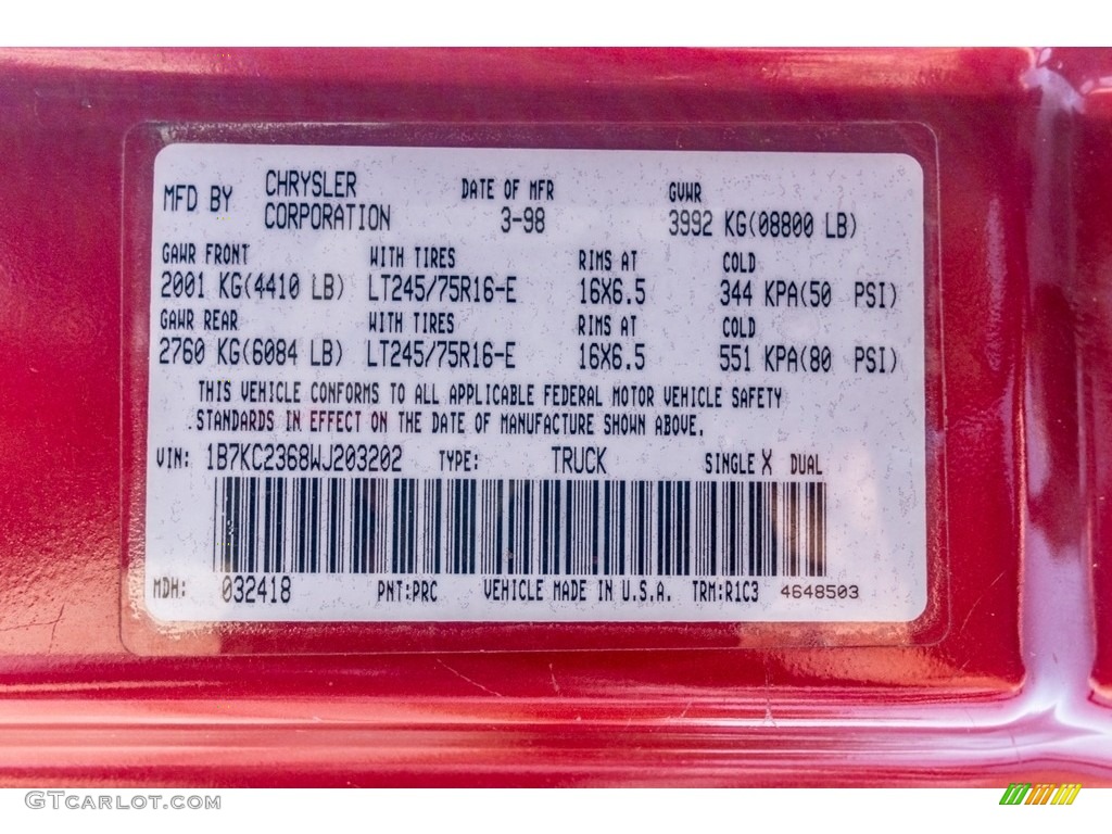 1998 Ram 2500 Color Code PRC for Radiant Fire Red Metallic Photo #139797856