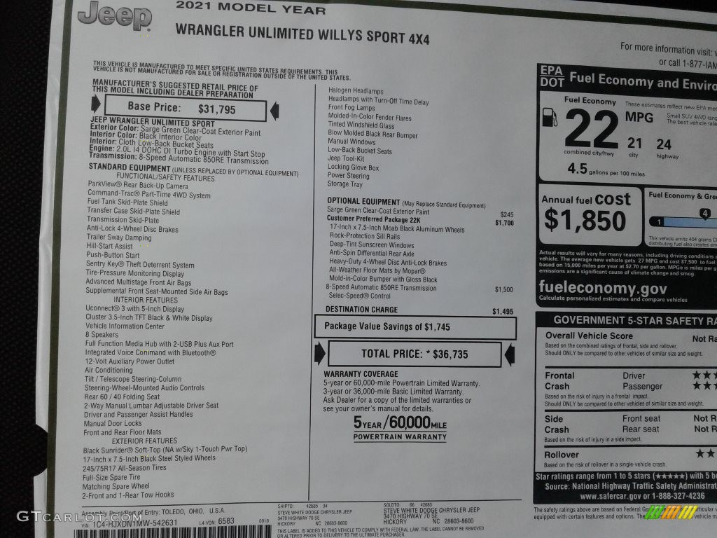2021 Jeep Wrangler Unlimited Willys 4x4 Window Sticker Photo #139808280