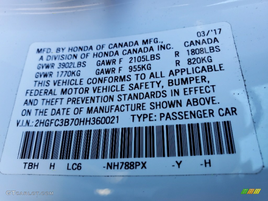 2017 Civic Color Code NH788PX for White Orchid Pearl Photo #139808442