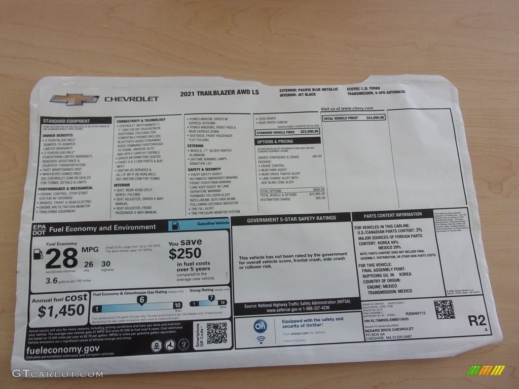 2021 Chevrolet TrailBlazer LS AWD Window Sticker Photo #139815996