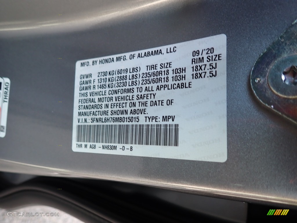 2021 Odyssey Color Code NH830M for Lunar Silver Metallic Photo #139817955