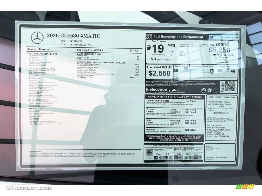 2020 Mercedes-Benz GLE 580 4Matic Window Sticker Photo #139824828