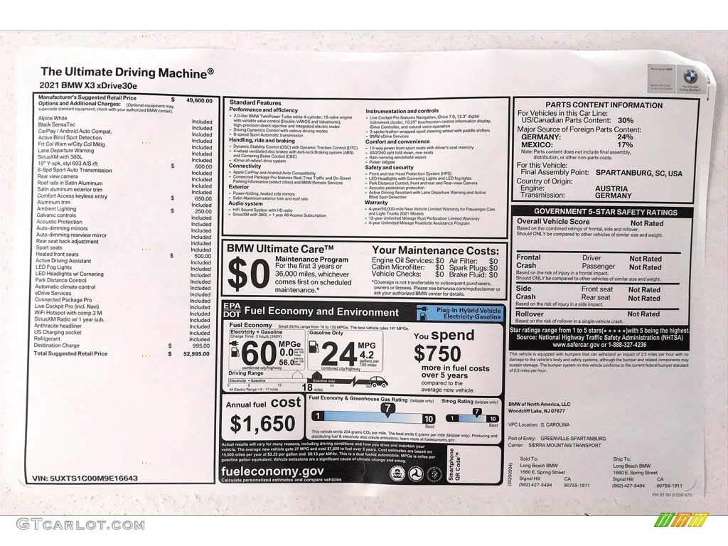 2021 BMW X3 xDrive30e Window Sticker Photo #139827552