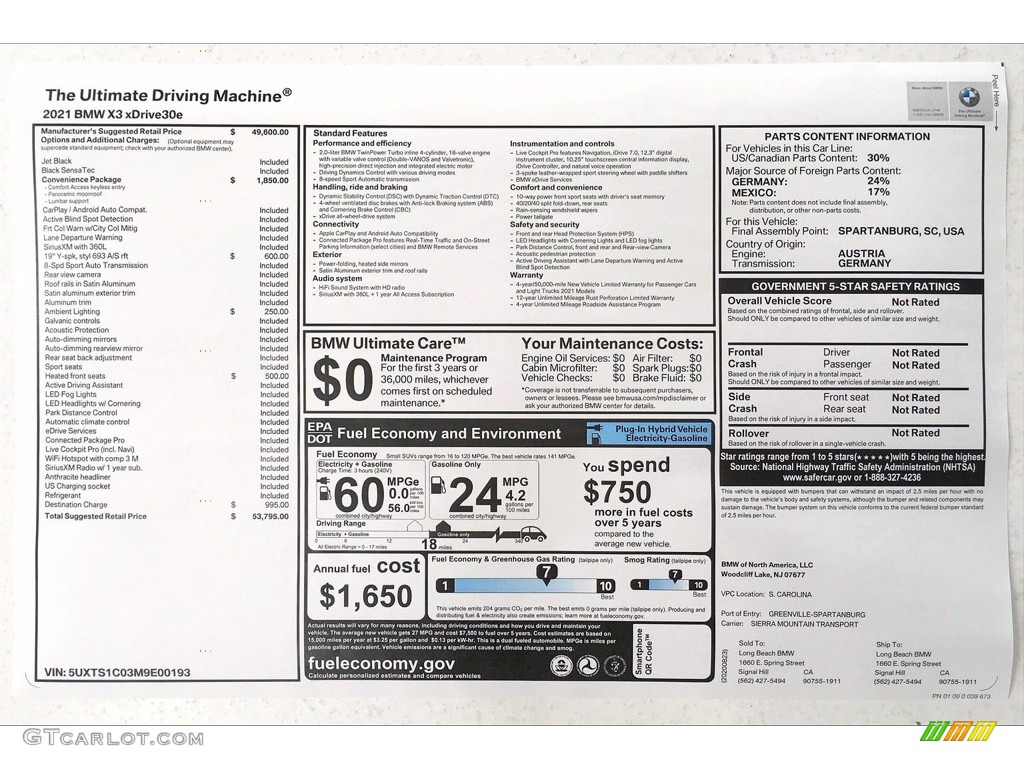 2021 BMW X3 xDrive30e Window Sticker Photo #139828929