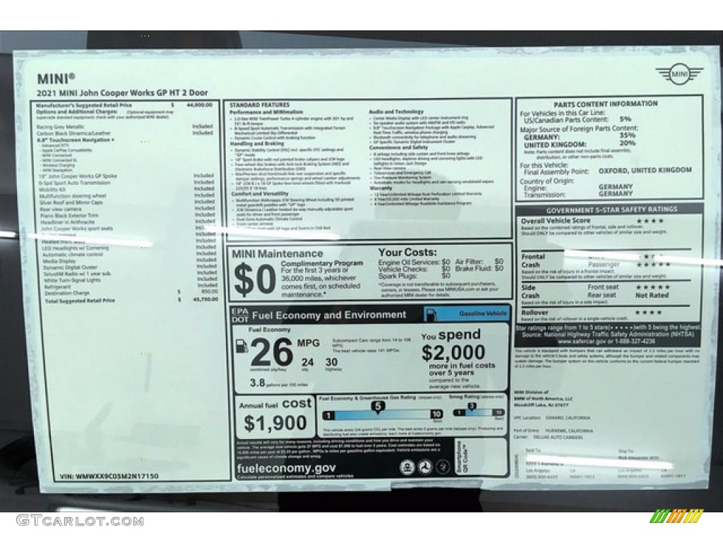 2021 Mini Hardtop John Cooper Works GP Window Sticker Photos