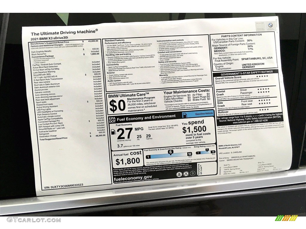 2021 BMW X3 sDrive30i Window Sticker Photo #139834236