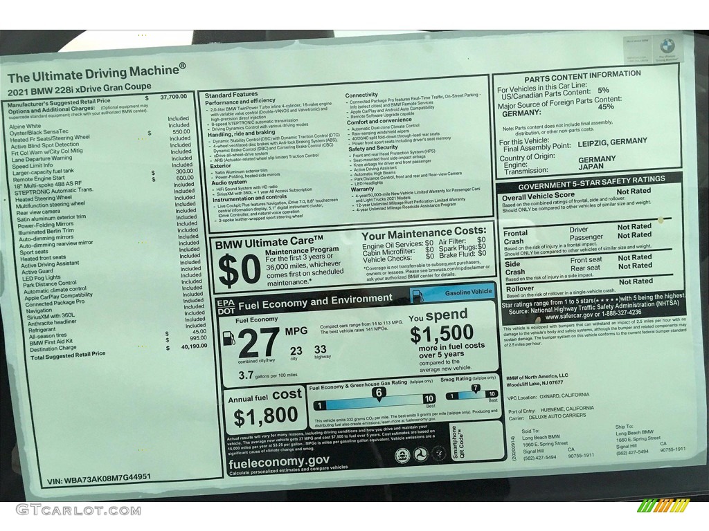 2021 BMW 2 Series 228i xDrive Grand Coupe Window Sticker Photo #139834770
