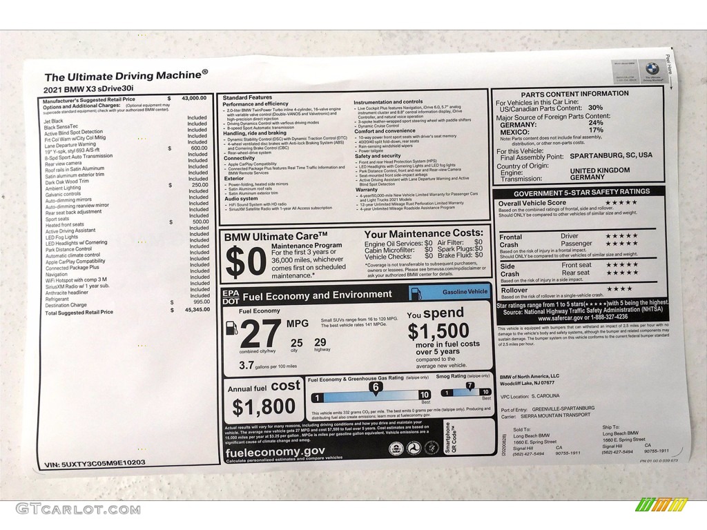 2021 BMW X3 sDrive30i Window Sticker Photo #139834777