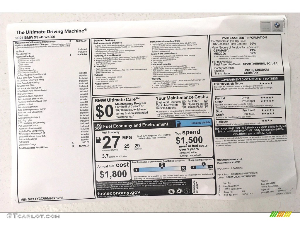 2021 BMW X3 sDrive30i Window Sticker Photo #139834778