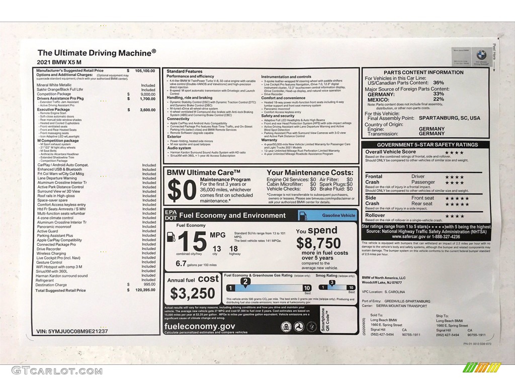 2021 BMW X5 M Standard X5 M Model Window Sticker Photo #139836045