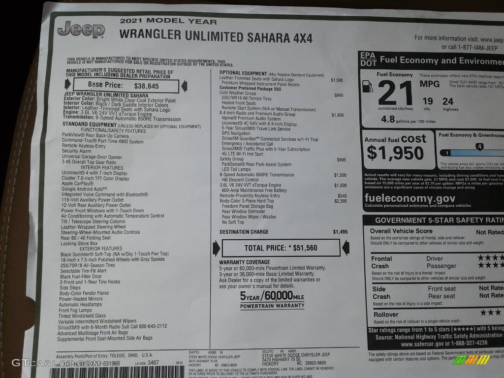 2021 Jeep Wrangler Unlimited Sahara 4x4 Window Sticker Photo #139844727