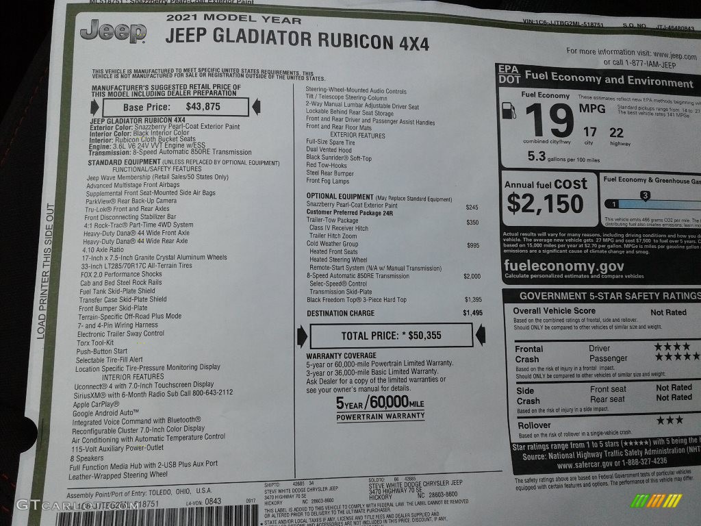 2021 Jeep Gladiator Rubicon 4x4 Window Sticker Photo #139845558