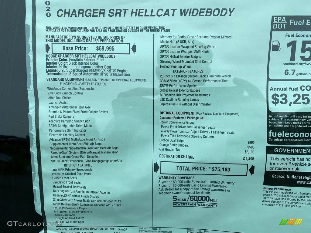 2020 Dodge Charger SRT Hellcat Widebody Window Sticker Photo #139846230