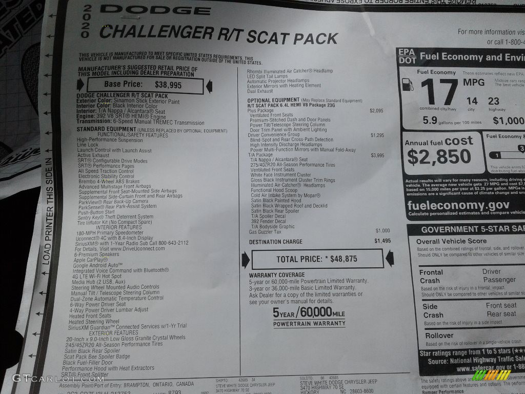 2020 Dodge Challenger R/T Scat Pack Window Sticker Photo #139846821