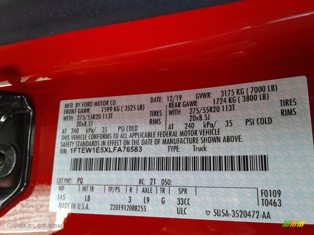 2020 F150 Color Code PQ for Race Red Photo #139856371