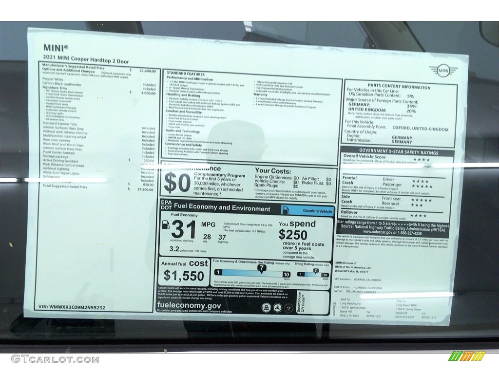 2021 Mini Hardtop Cooper 2 Door Window Sticker Photo #139865975