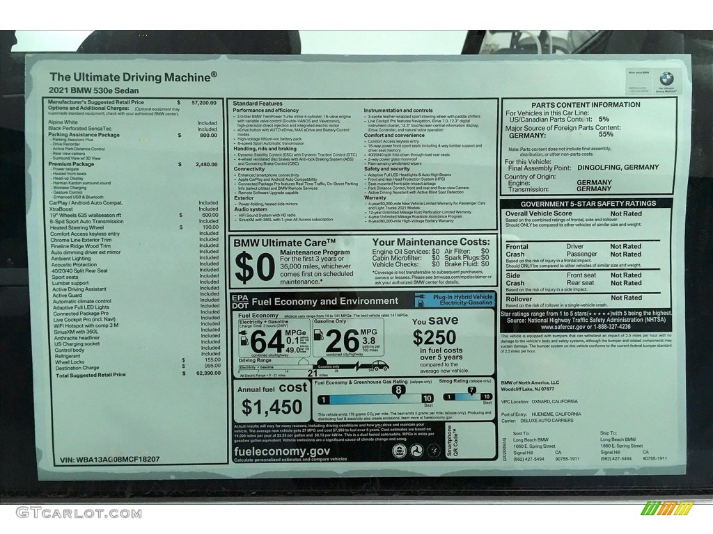 2021 BMW 5 Series 530e Sedan Window Sticker Photo #139874915