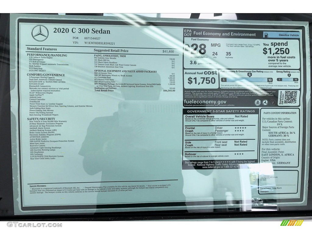 2020 Mercedes-Benz C 300 Sedan Window Sticker Photo #139891560