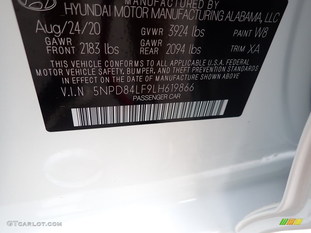 2020 Elantra Color Code W8 for Quartz White Pearl Photo #139894404
