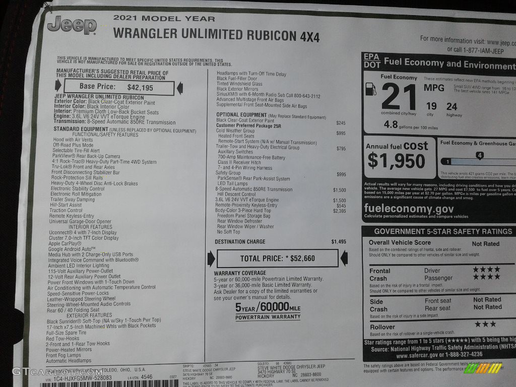 2021 Jeep Wrangler Unlimited Rubicon 4x4 Window Sticker Photo #139895136