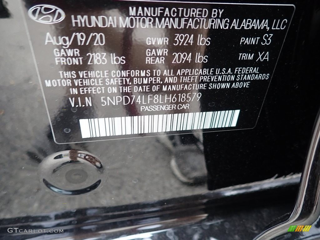 2020 Elantra Color Code S3 for Phantom Black Photo #139895139