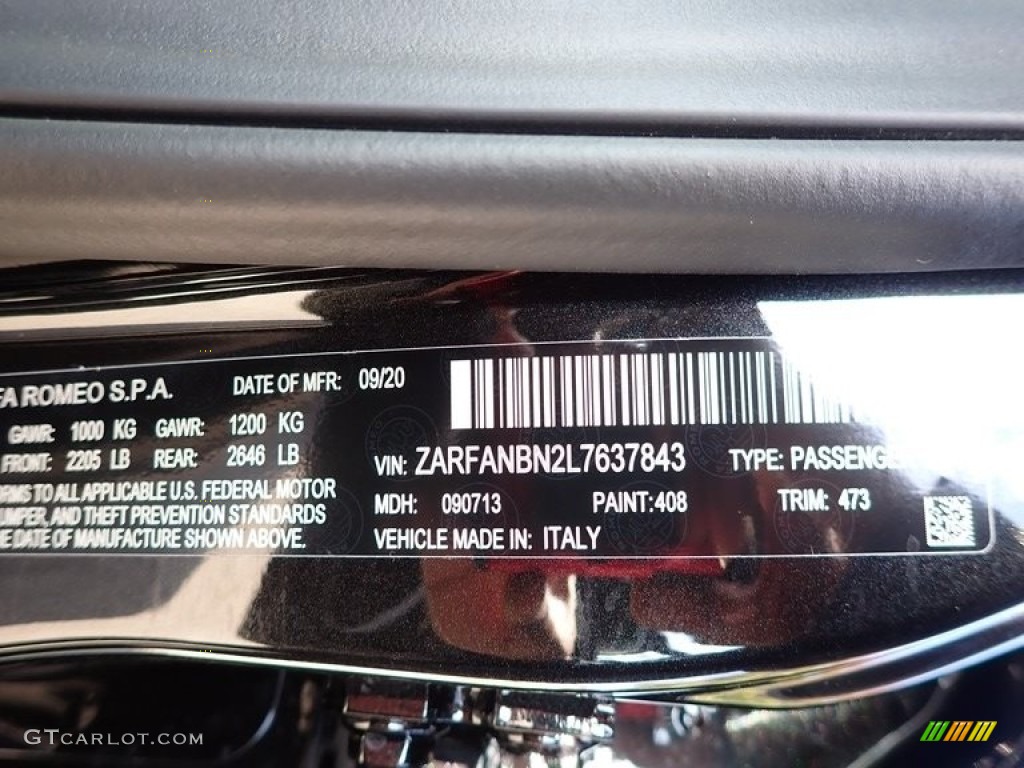 2020 Giulia Color Code 408 for Vulcano Black Metallic Photo #139895571