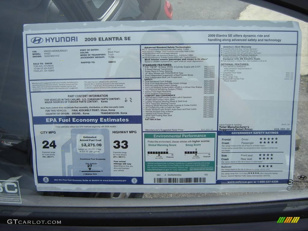 2009 Elantra SE Sedan - Black Pearl / Gray photo #16