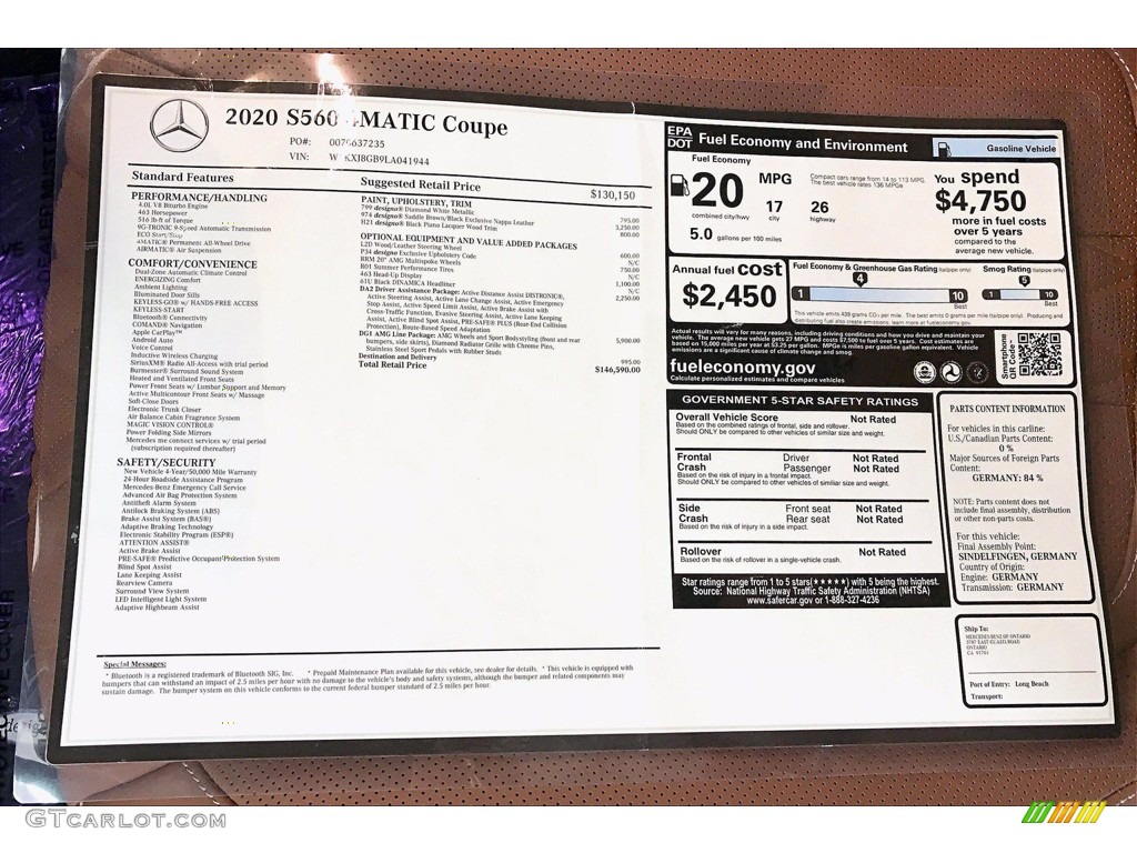 2020 Mercedes-Benz S 560 4Matic Coupe Window Sticker Photo #139902107
