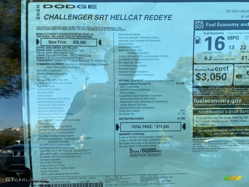 2020 Dodge Challenger SRT Hellcat Redeye Window Sticker Photo #139902152