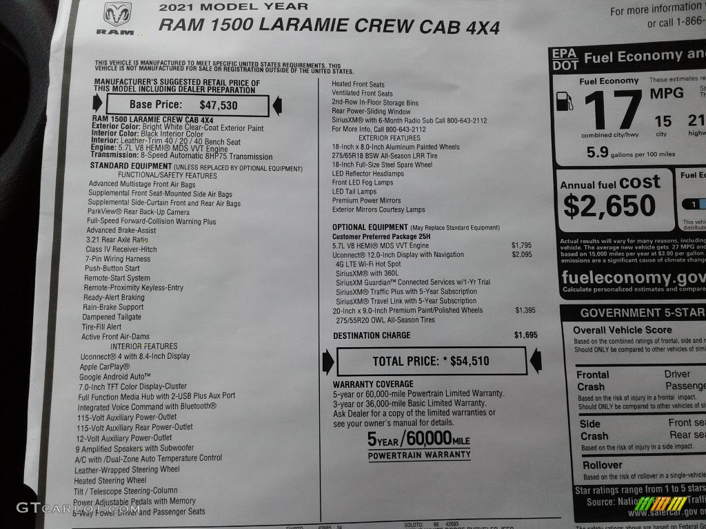 2021 1500 Laramie Crew Cab 4x4 - Bright White / Black photo #30