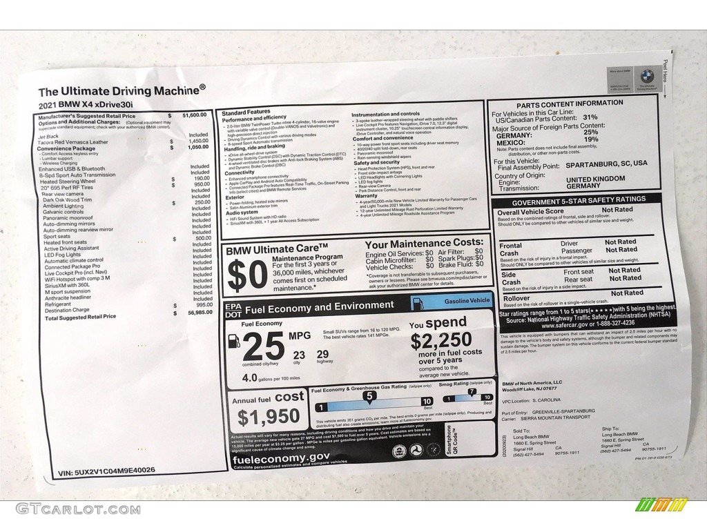 2021 BMW X4 xDrive30i Window Sticker Photo #139906025