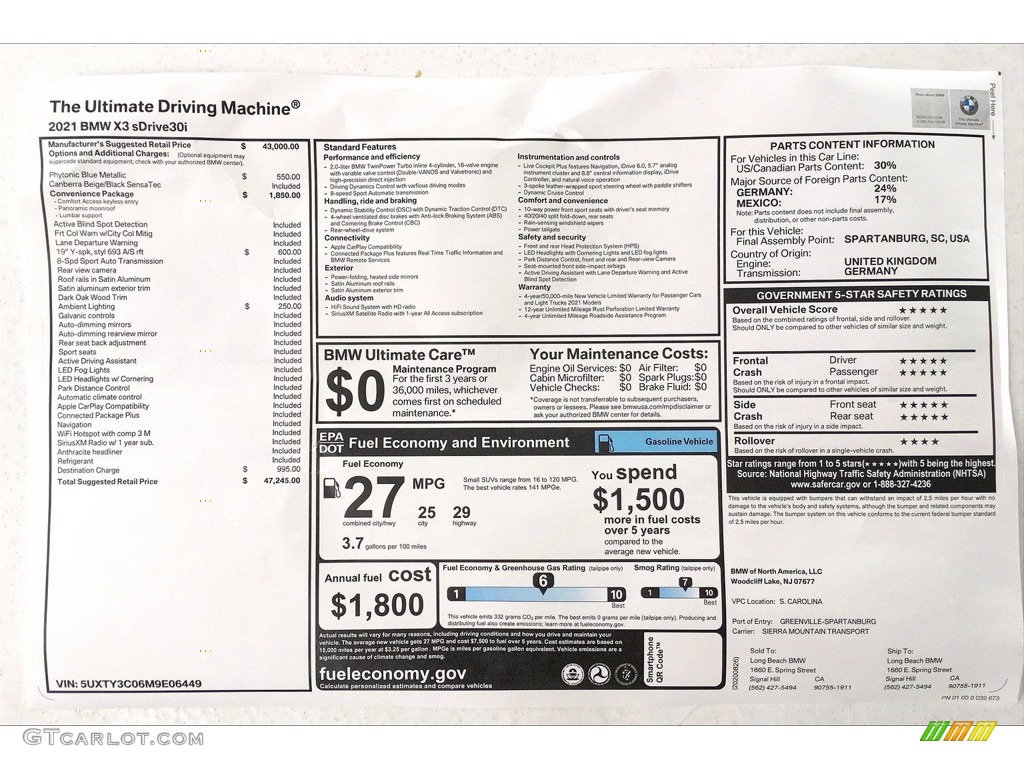 2021 BMW X3 sDrive30i Window Sticker Photo #139913684