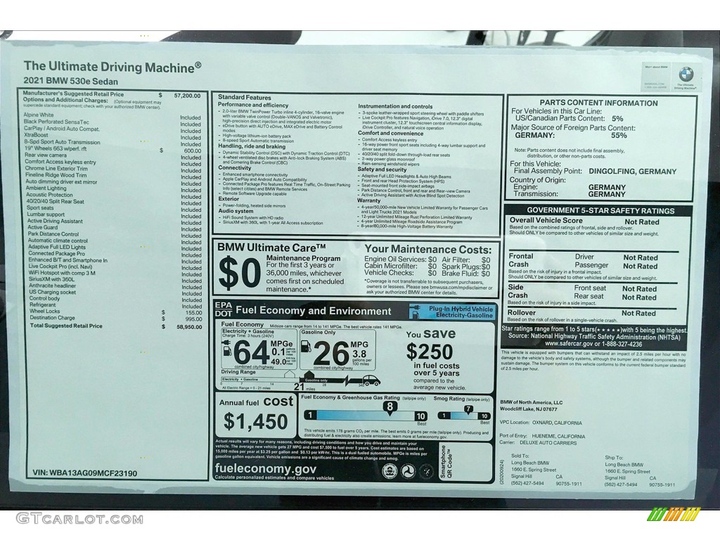 2021 BMW 5 Series 530e Sedan Window Sticker Photo #139914662