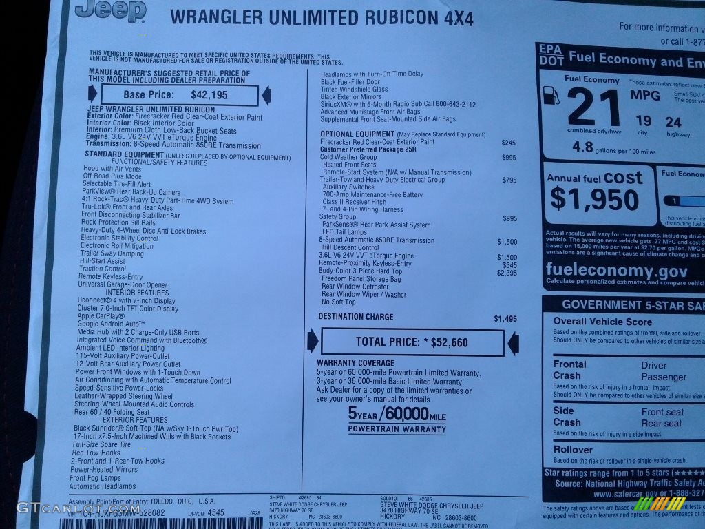 2021 Jeep Wrangler Unlimited Rubicon 4x4 Window Sticker Photo #139916715