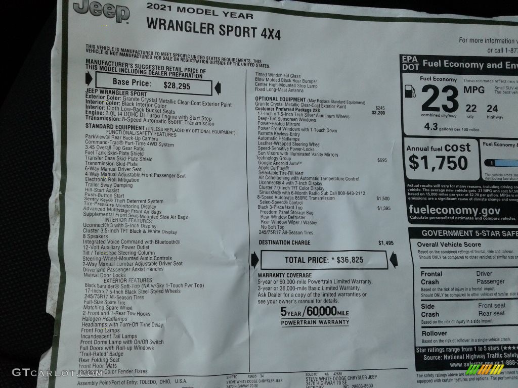 2021 Jeep Wrangler Sport 4x4 Window Sticker Photo #139920957