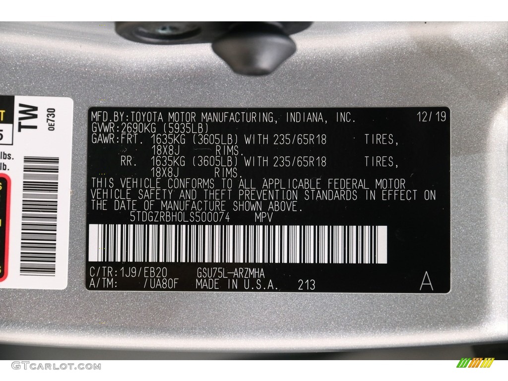 2020 Toyota Highlander XLE AWD Color Code Photos