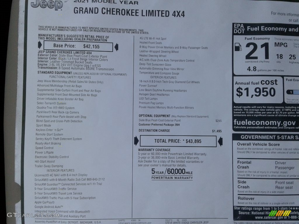 2021 Jeep Grand Cherokee Limited 4x4 Window Sticker Photo #139932652