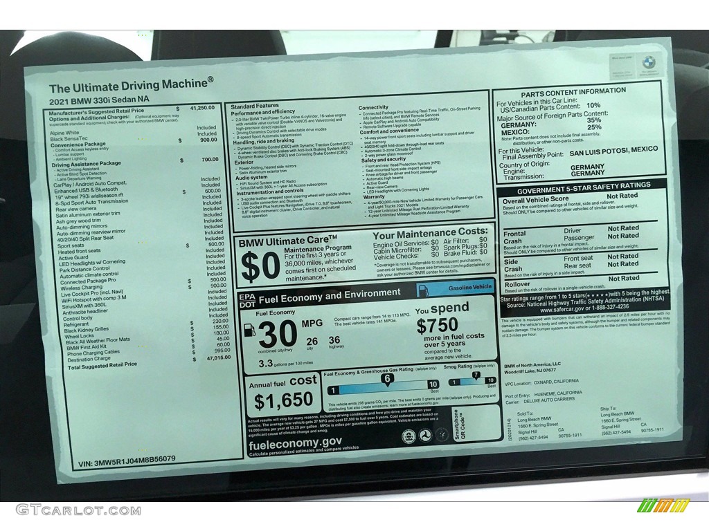 2021 3 Series 330i Sedan - Alpine White / Black photo #17