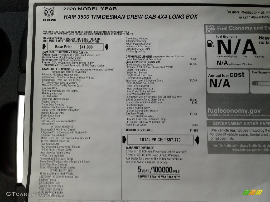 2020 3500 Tradesman Crew Cab 4x4 - Hydro Blue Pearl / Black photo #26