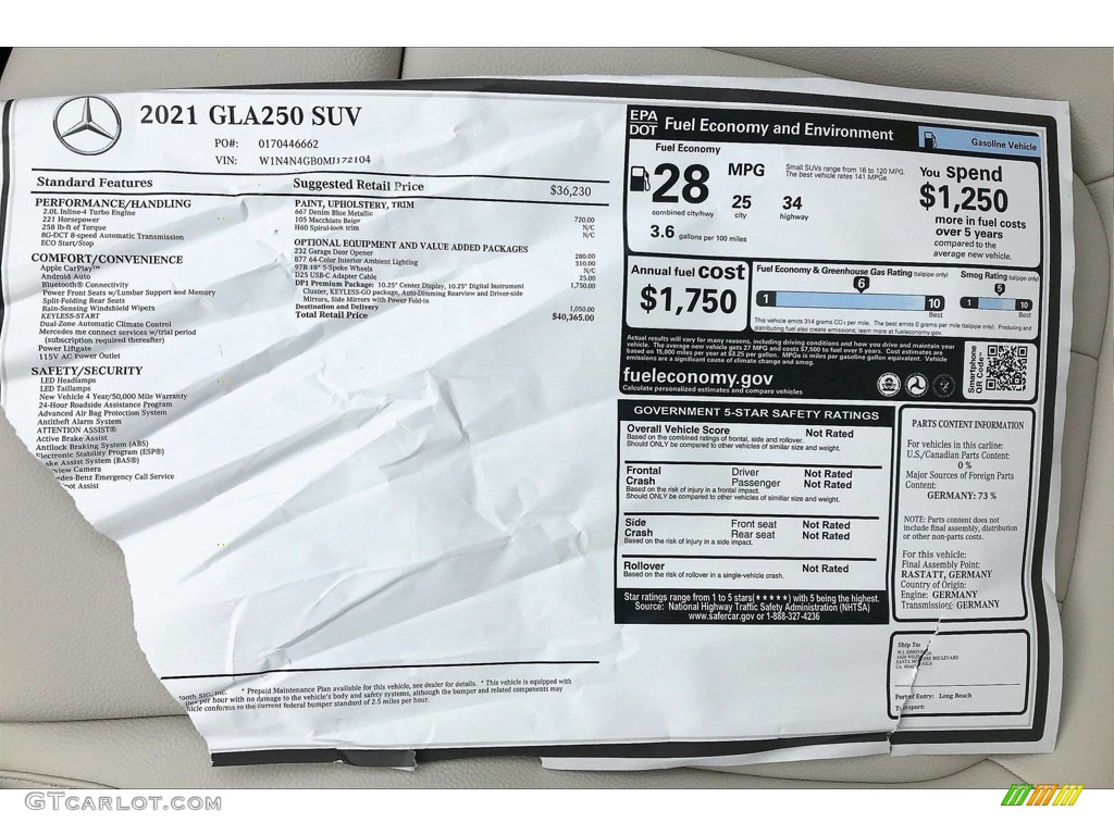 2021 Mercedes-Benz GLA 250 Window Sticker Photo #139947096