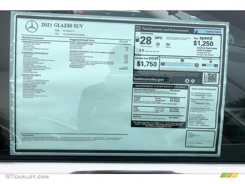 2021 Mercedes-Benz GLA 250 Window Sticker Photo #139947402