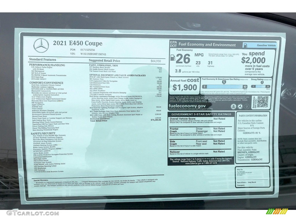2021 Mercedes-Benz E 450 Coupe Window Sticker Photo #139949079