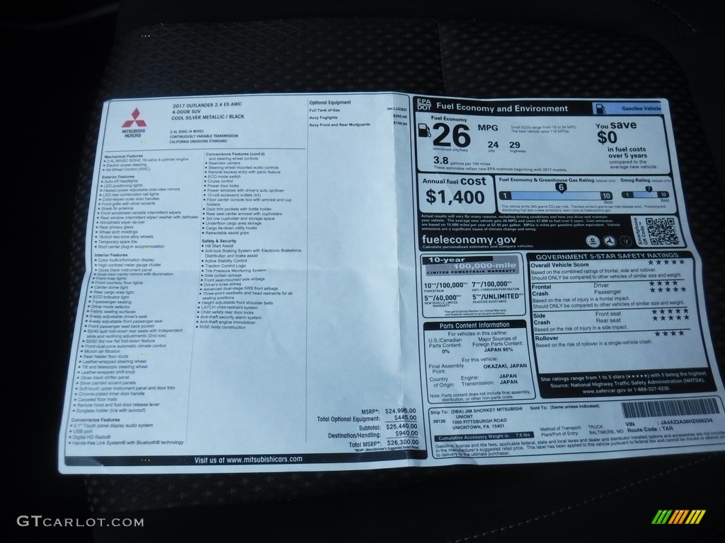2017 Mitsubishi Outlander ES AWC Window Sticker Photos