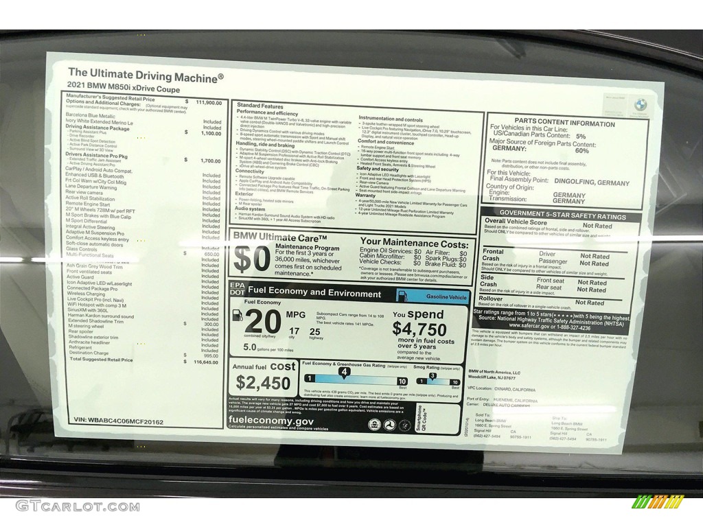 2021 BMW 8 Series M850i xDrive Coupe Window Sticker Photo #139952178