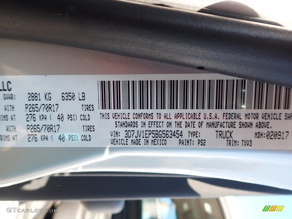 2011 Ram 1500 Color Code PS2 for Bright Silver Metallic Photo #139968208