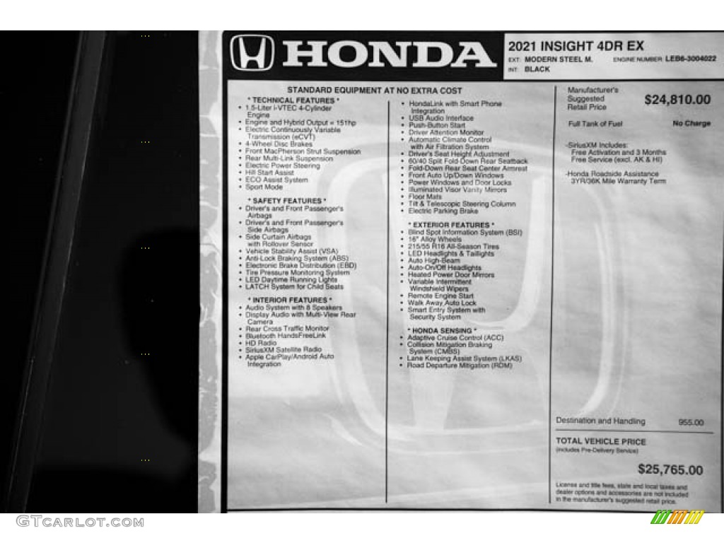 2021 Honda Insight EX Window Sticker Photos
