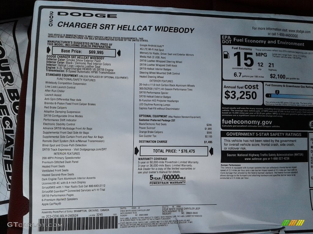 2020 Dodge Charger SRT Hellcat Widebody Window Sticker Photo #139974793