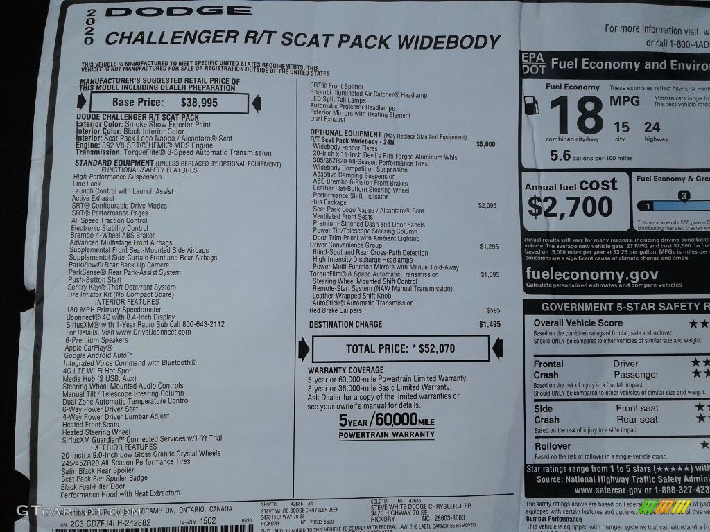 2020 Dodge Challenger R/T Scat Pack Widebody Window Sticker Photos